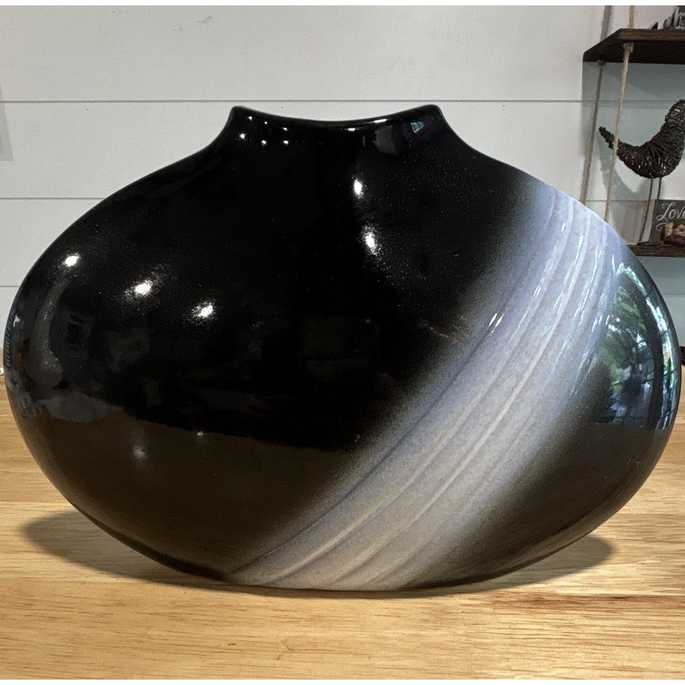 Vintage Japanese TOYO Kimura Yokkaichi IKEBANA Oval Black Art Vase 11 in x 7 in